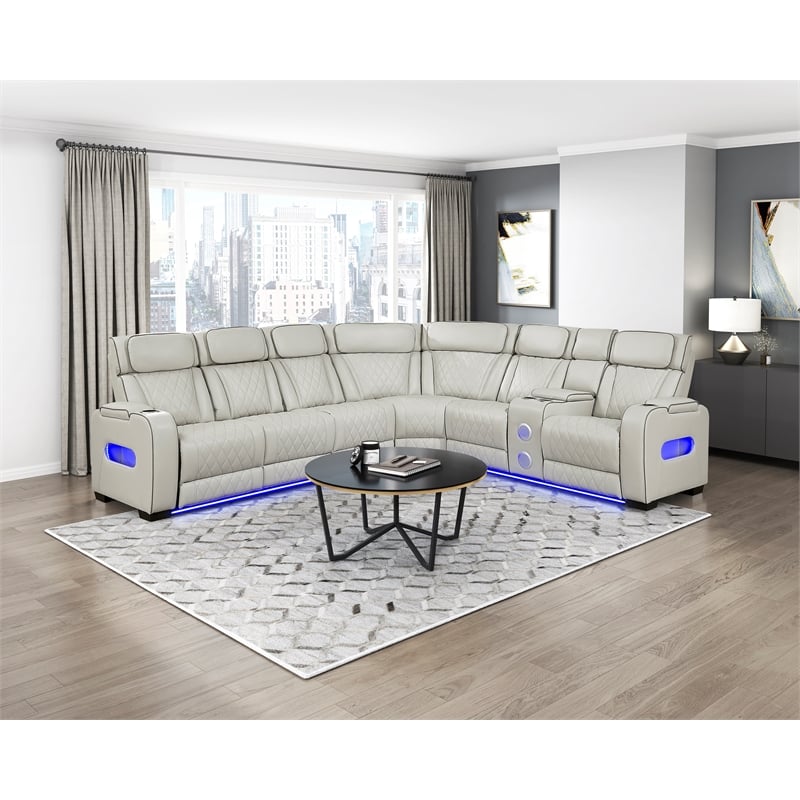 Lexicon Fairway Faux Leather 3-Piece Pwr Rclng Sectional in Taupe