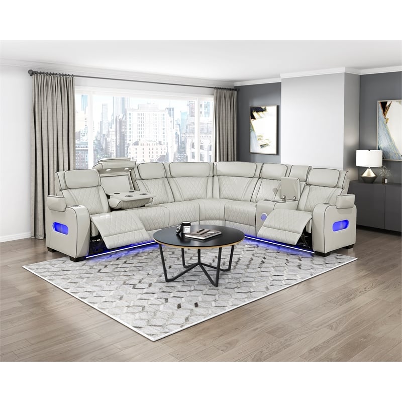 Lexicon Fairway Faux Leather 3-Piece Pwr Rclng Sectional in Taupe