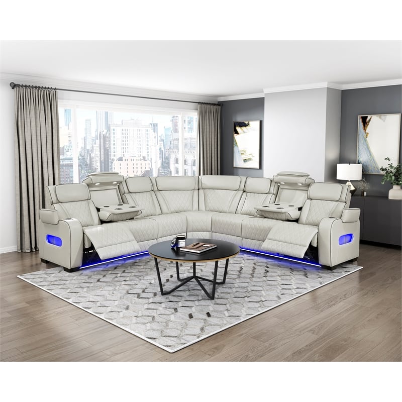 Lexicon Fairway Faux Leather 3-Piece Pwr Rclng Sectional in Taupe