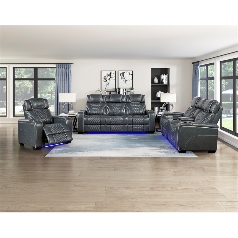 Lexicon Apex Leather Pwr Double Reclining Love Seat with Center Console in Blue