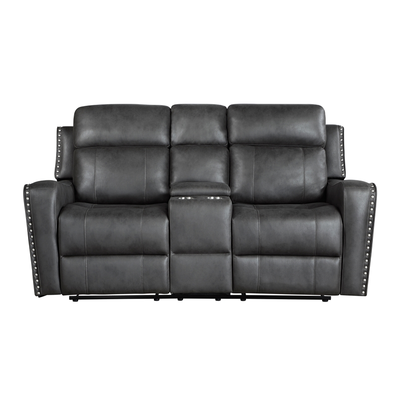 Lexicon Kellen Microfiber Dbl Rclng Love Seat with Center Console in Smoky Gray