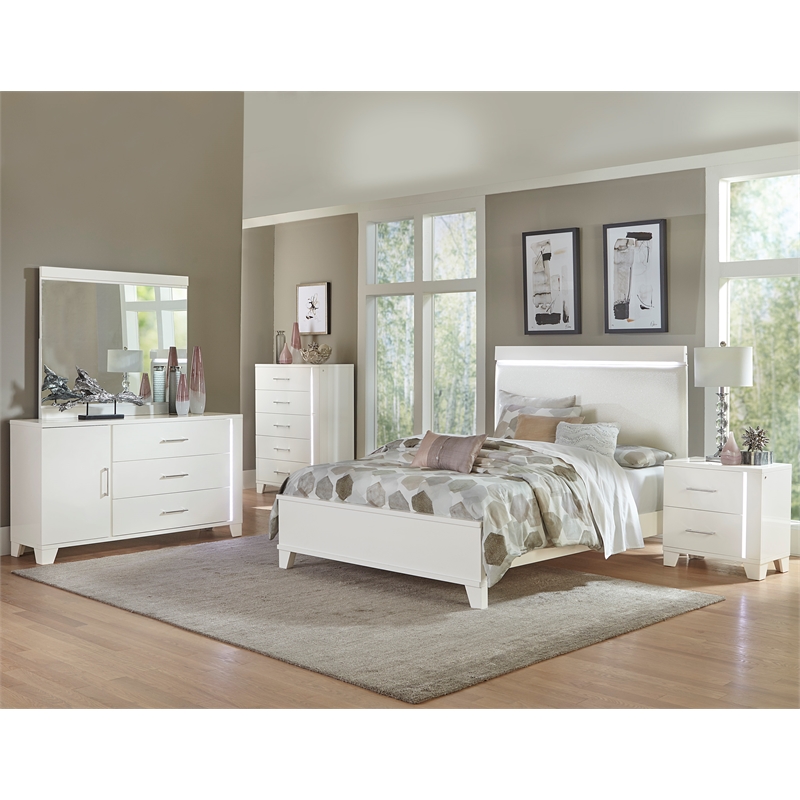 Lexicon Kerren Poplar Full Bed & LED Lighting in White High Gloss