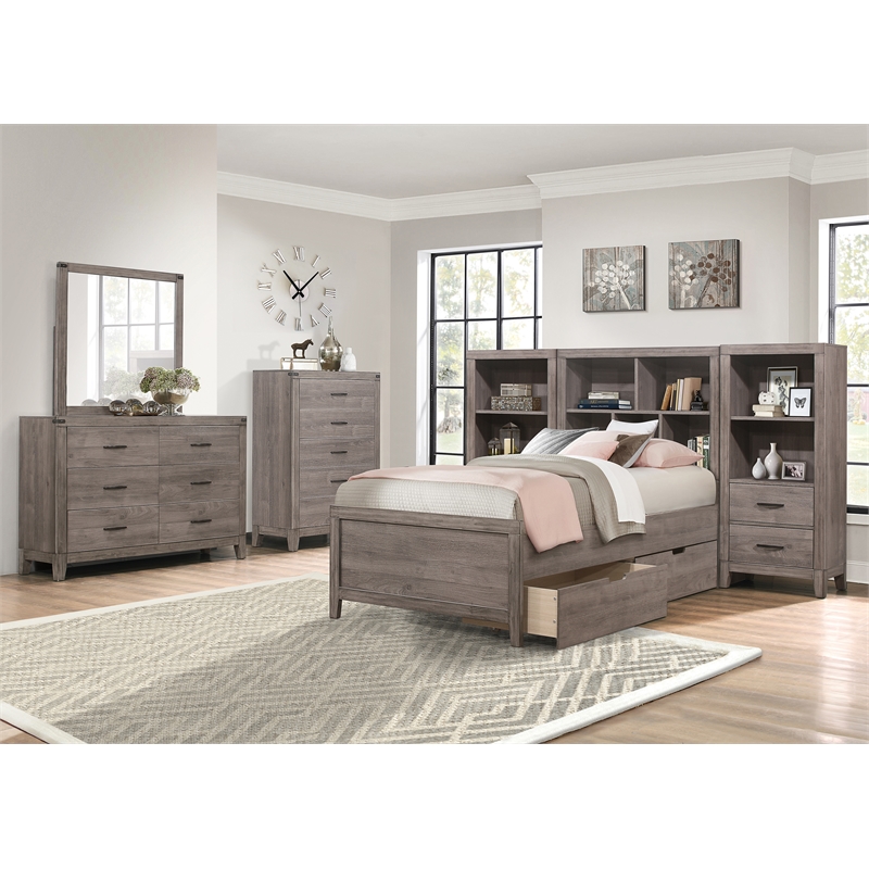 Lexicon Woodrow Asian Hardwood 3pc Set Twin Wall Bed (TB+2 PNS) in Brownish Gray