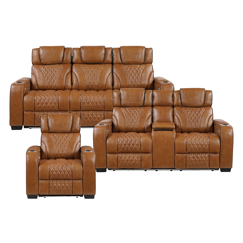 Lexicon Apex Leather 3pc Set-Sofa & Loveseat & Chair in Brown