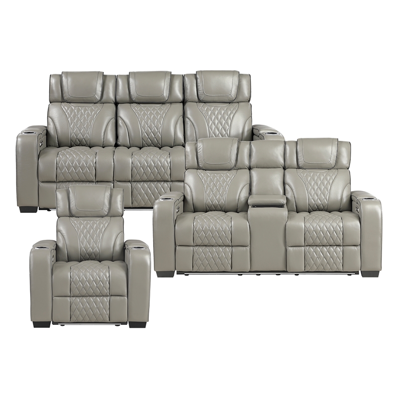 Lexicon Apex Leather 3pc Set-Sofa & Loveseat & Chair in Gray