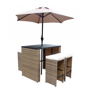 6 Piece Wicker / Rattan Outdoor Bar Set with Umbrella in Tan Rattan BeigeCushion