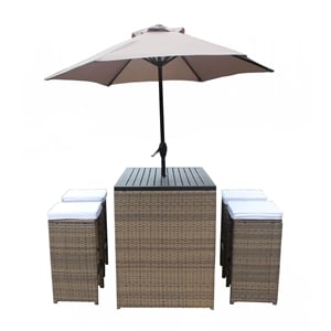 6 Piece Wicker / Rattan Outdoor Bar Set with Umbrella in Tan - White Cushion
