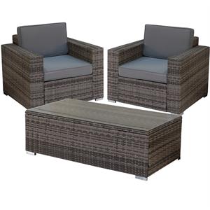 3 piece gray wicker rattan outdoor lounge set (square armrest feature)
