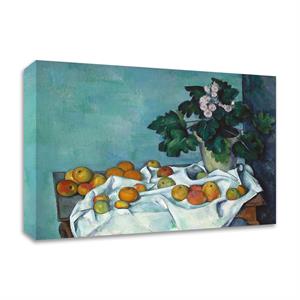 still life with apples and a pot of primroses print on canvas