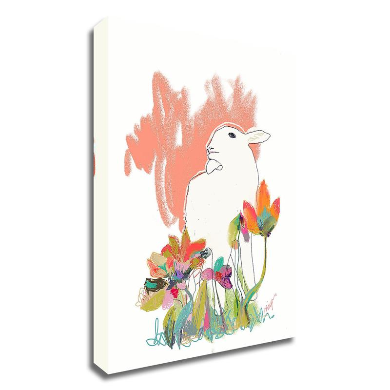24 x 30 Lamb and Flowers by Niya Christine Wall Art Print on Canvas Fabric White