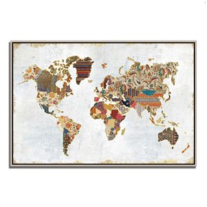 pattern world map by laura marshall fine art giclee print, silver floater frame