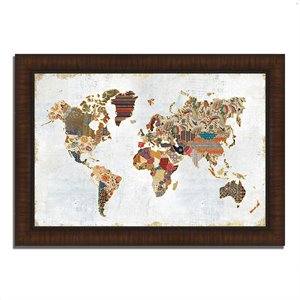 pattern world map by laura marshall framed painting print, brown frame