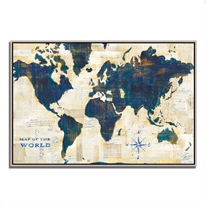 world map collage by sue schlabach fine art giclee print, silver floater frame