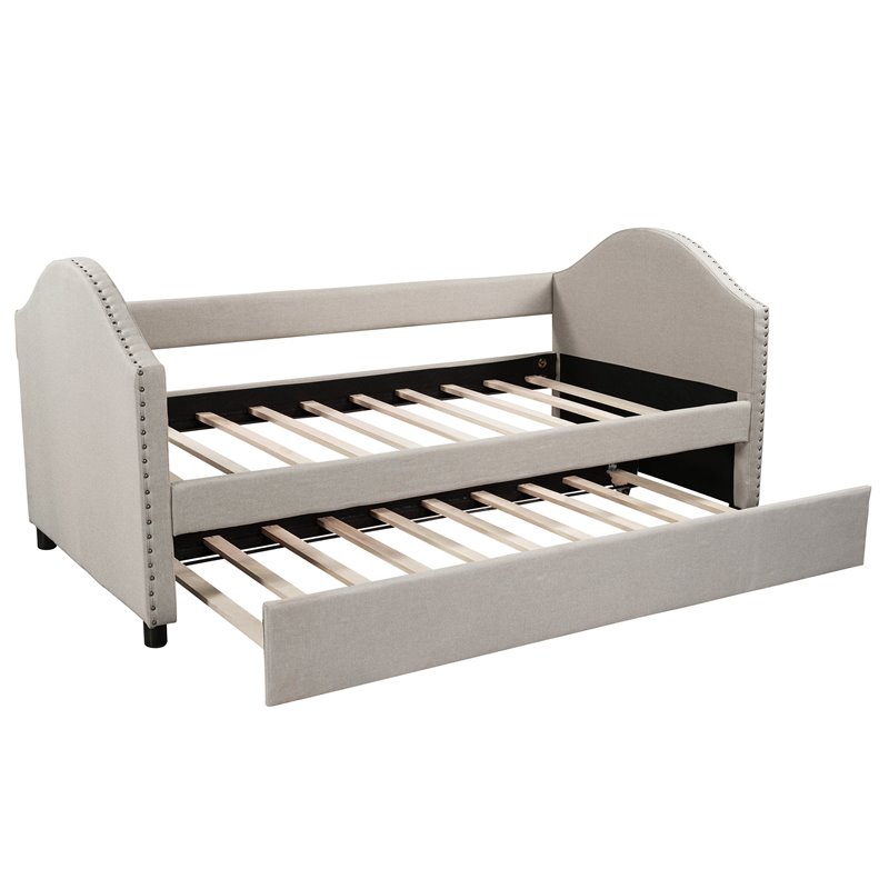 CRO Decor Twin Wood Daybed with Fabric Upholstery & Pull Out Trundle in Beige
