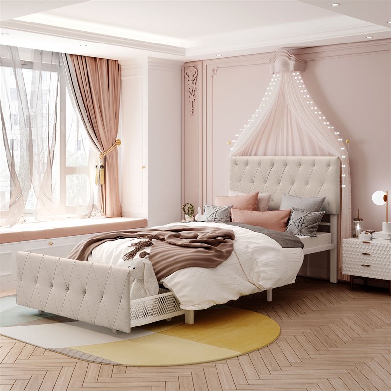CRO Decor Twin Metal Storage Bed with Linen Upholstery in Beige