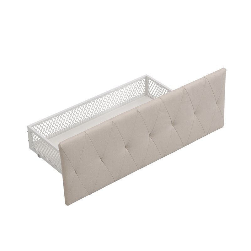 CRO Decor Twin Metal Storage Bed with Linen Upholstery in Beige
