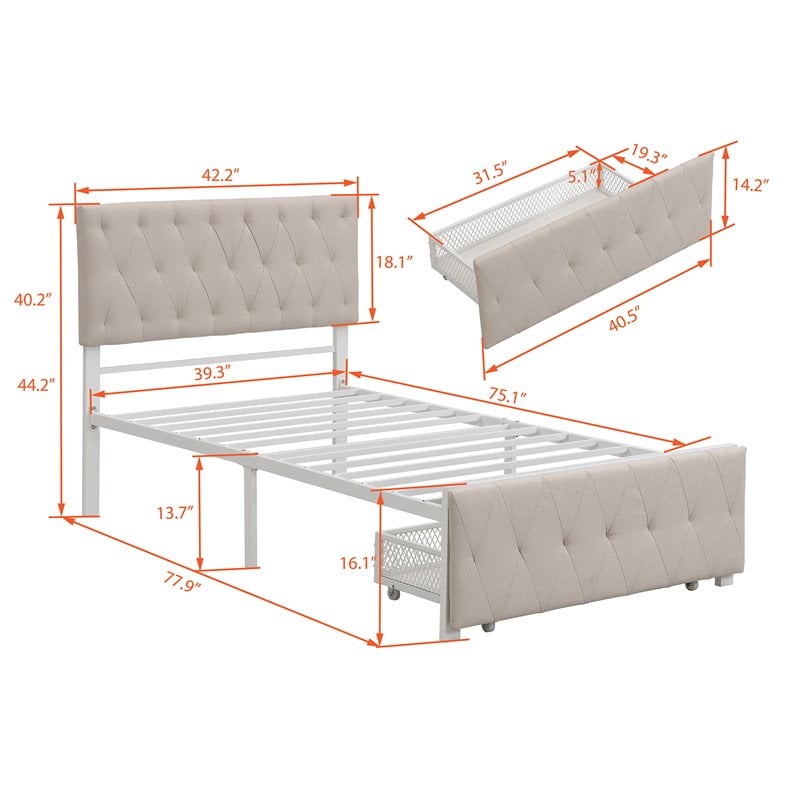 CRO Decor Twin Metal Storage Bed with Linen Upholstery in Beige