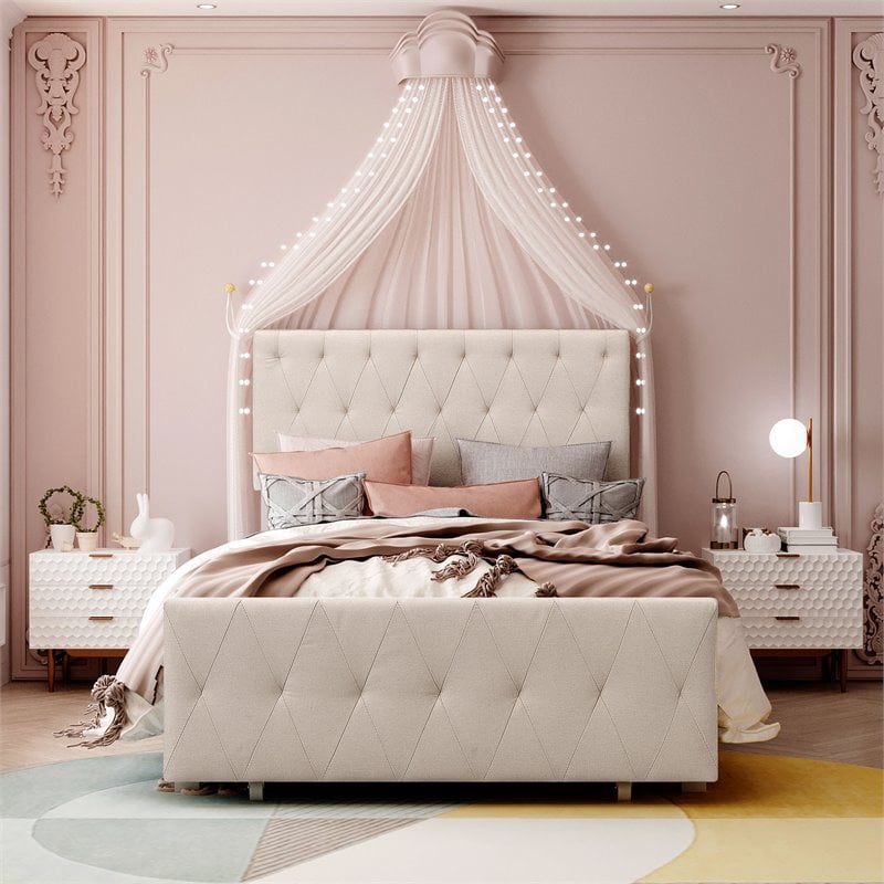 CRO Decor Twin Metal Storage Bed with Linen Upholstery in Beige