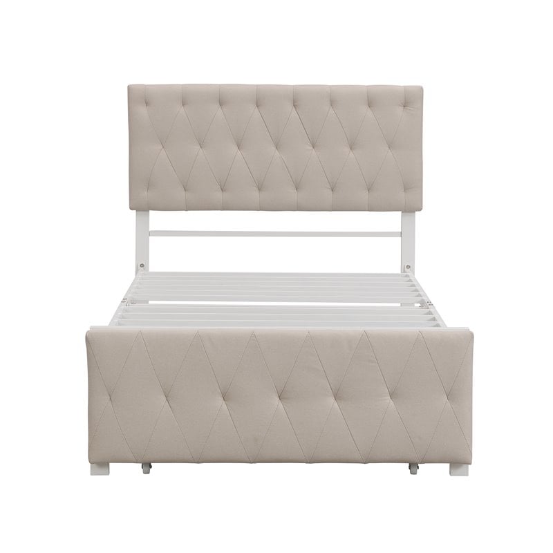 CRO Decor Twin Metal Storage Bed with Linen Upholstery in Beige
