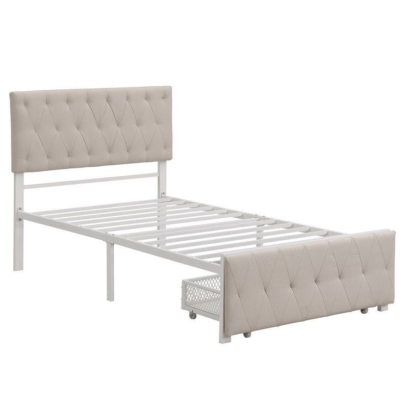 CRO Decor Twin Metal Storage Bed with Linen Upholstery in Beige