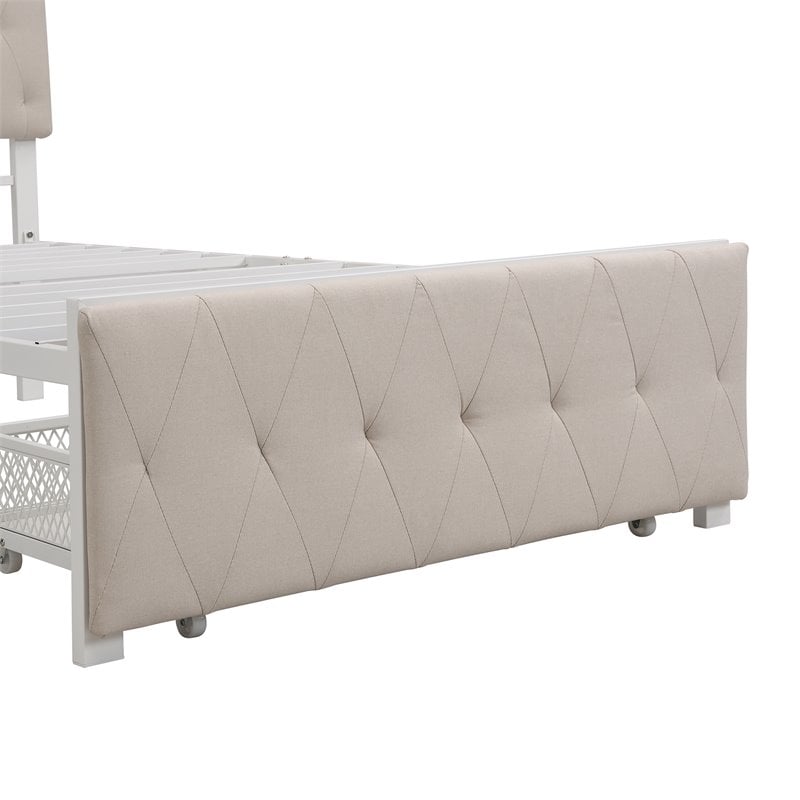 CRO Decor Twin Metal Storage Bed with Linen Upholstery in Beige