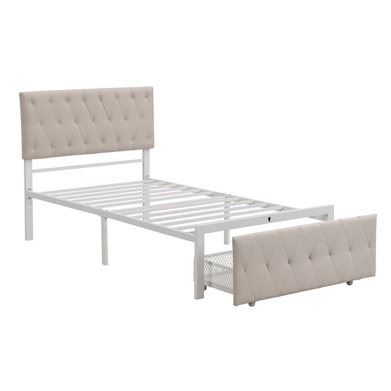 CRO Decor Twin Metal Storage Bed with Linen Upholstery in Beige