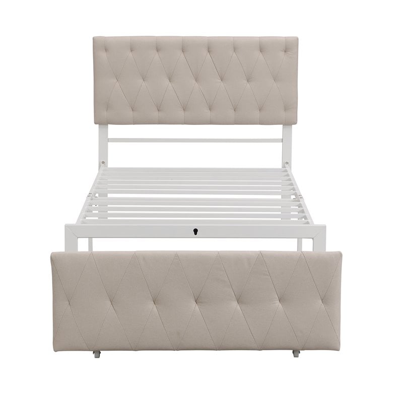 CRO Decor Twin Metal Storage Bed with Linen Upholstery in Beige