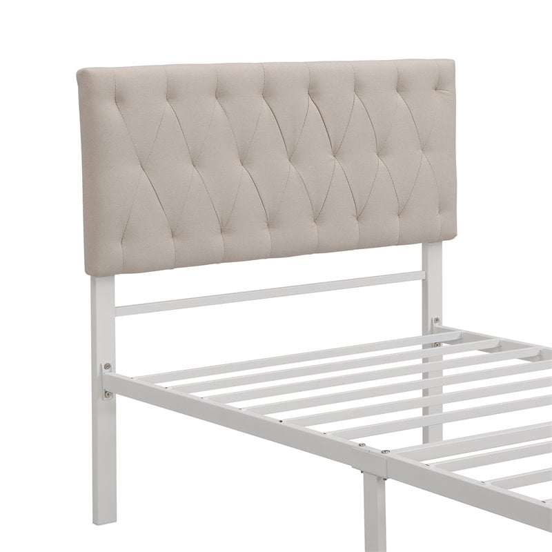 CRO Decor Twin Metal Storage Bed with Linen Upholstery in Beige