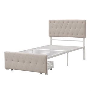 cro decor twin metal storage bed with linen upholstery in beige
