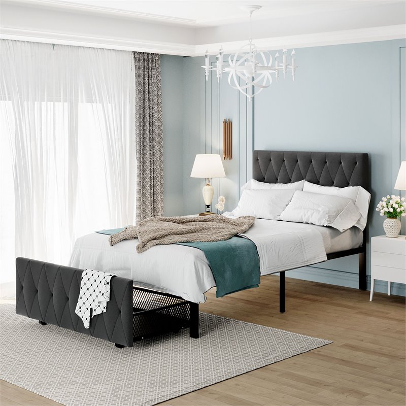 CRO Decor Twin Metal Storage Bed with Linen Upholstery in Gray