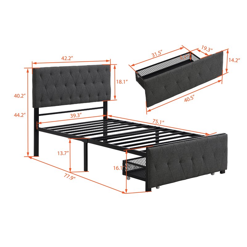 CRO Decor Twin Metal Storage Bed with Linen Upholstery in Gray
