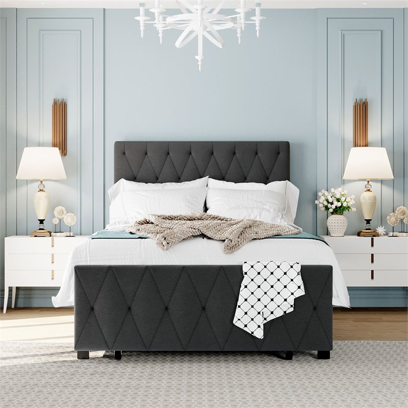 CRO Decor Twin Metal Storage Bed with Linen Upholstery in Gray