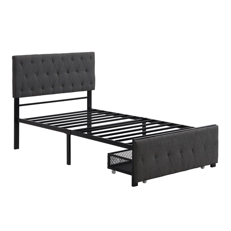 CRO Decor Twin Metal Storage Bed with Linen Upholstery in Gray