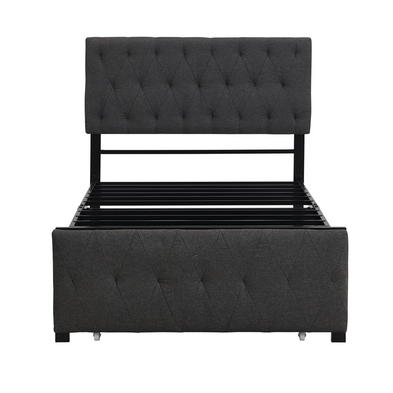 CRO Decor Twin Metal Storage Bed with Linen Upholstery in Gray
