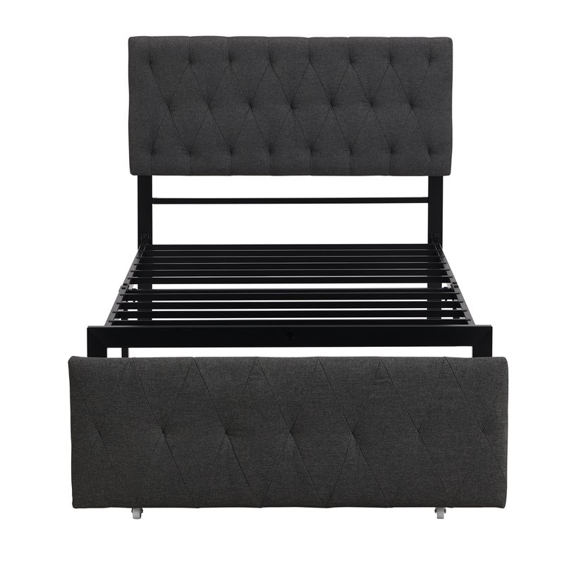 CRO Decor Twin Metal Storage Bed with Linen Upholstery in Gray