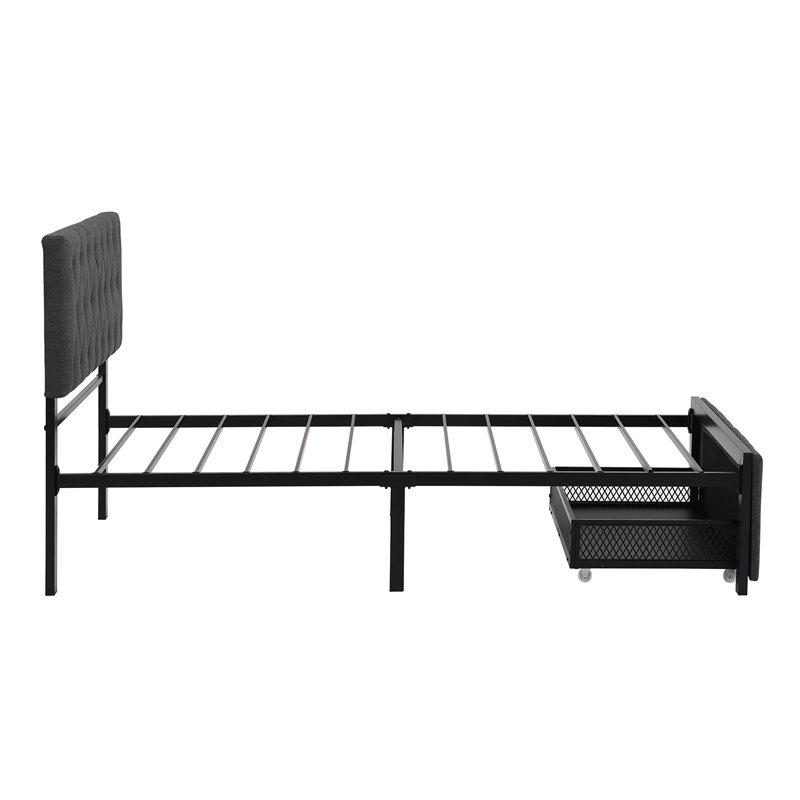 CRO Decor Twin Metal Storage Bed with Linen Upholstery in Gray