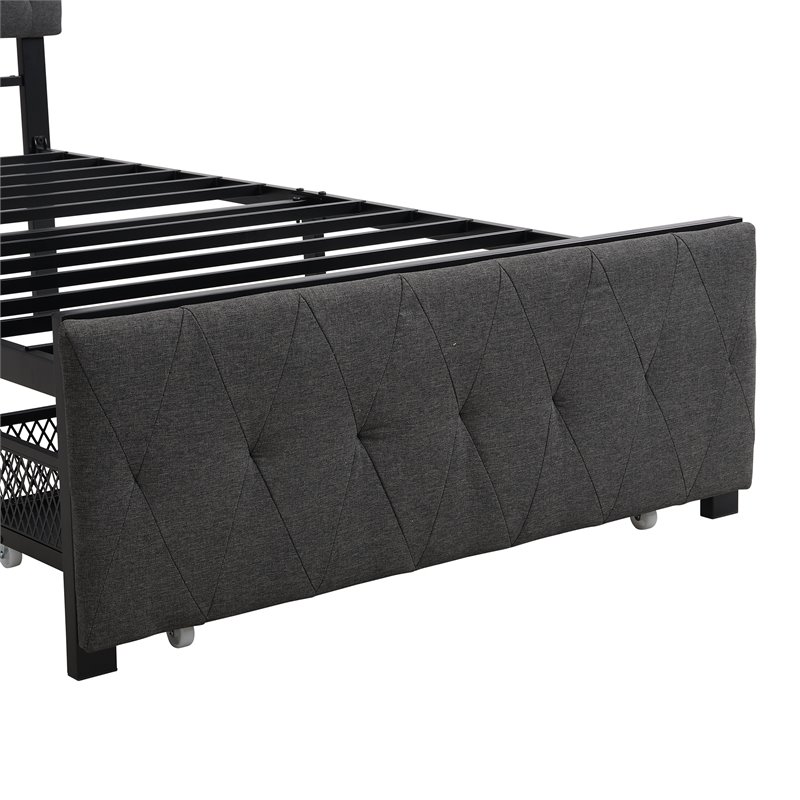CRO Decor Twin Metal Storage Bed with Linen Upholstery in Gray