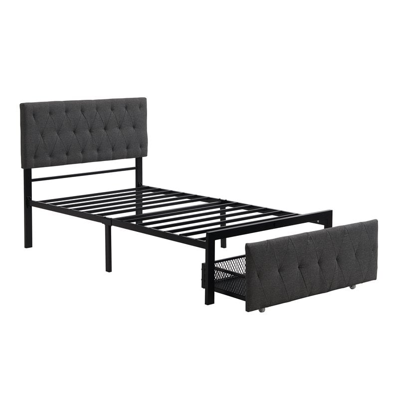 CRO Decor Twin Metal Storage Bed with Linen Upholstery in Gray