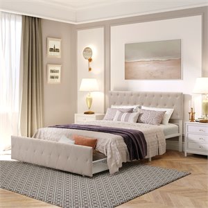 cro decor queen metal storage bed with linen upholstery in beige