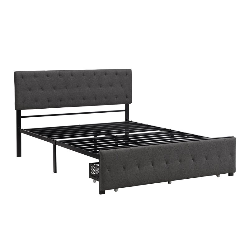 CRO Decor Queen Metal Storage Bed with Linen Upholstery in Gray