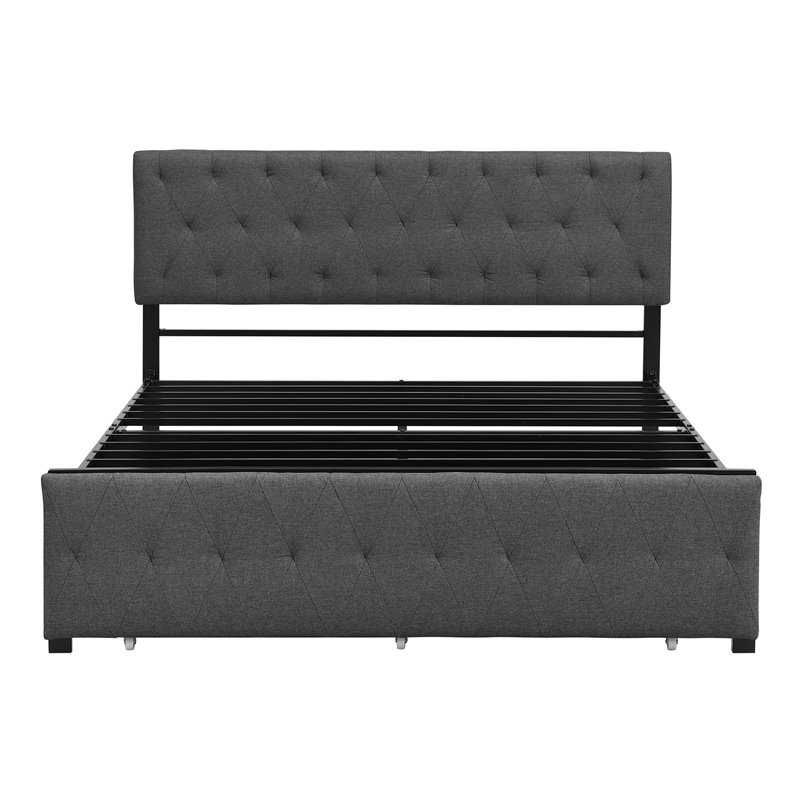 CRO Decor Queen Metal Storage Bed with Linen Upholstery in Gray