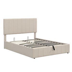 cro decor full wood platform bed with fabric upholstery in beige