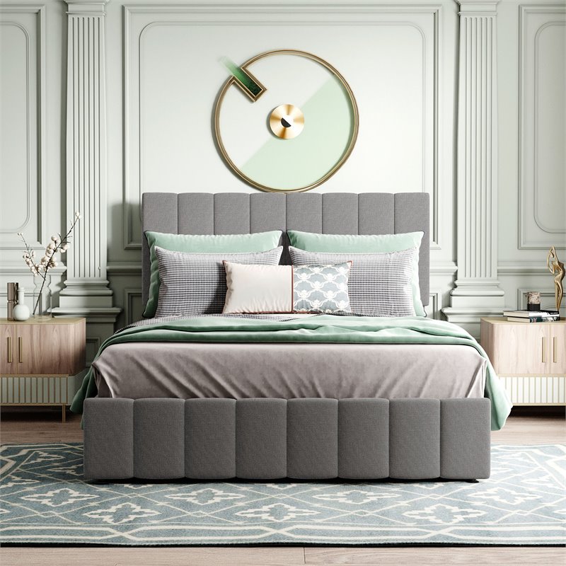 CRO Decor Full Wood Platform Bed with Fabric Upholstery in Gray