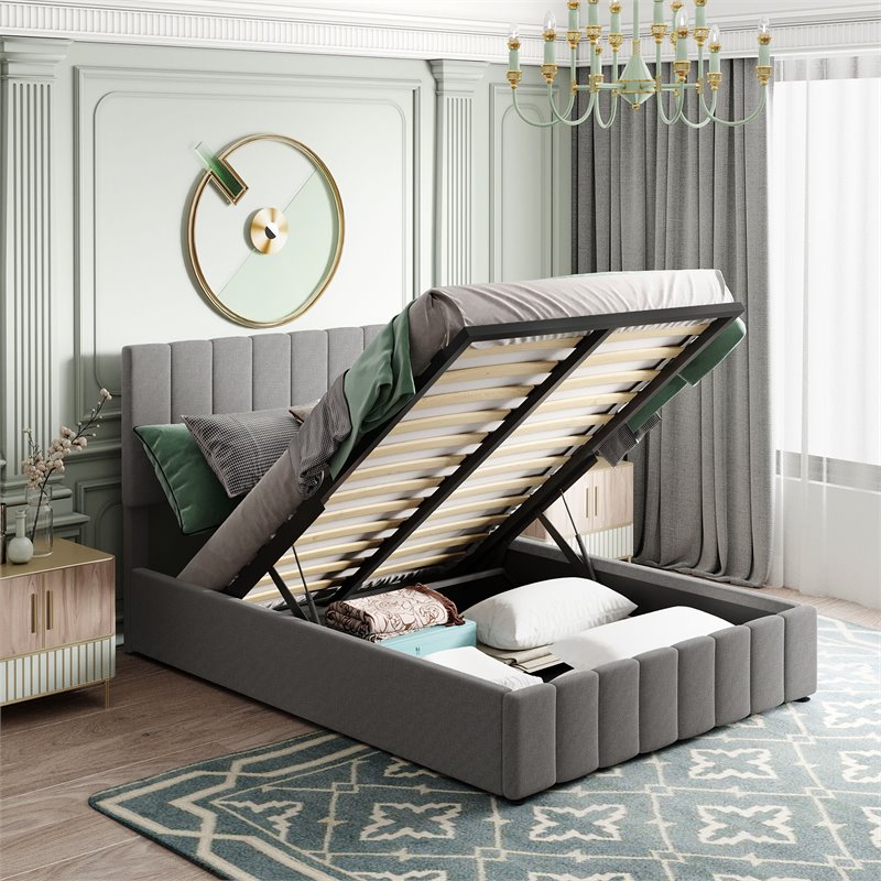 CRO Decor Full Wood Platform Bed with Fabric Upholstery in Gray