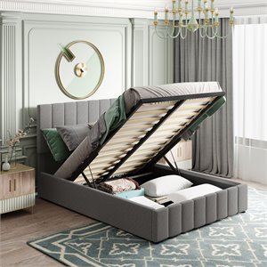 cro decor full wood platform bed with fabric upholstery in gray