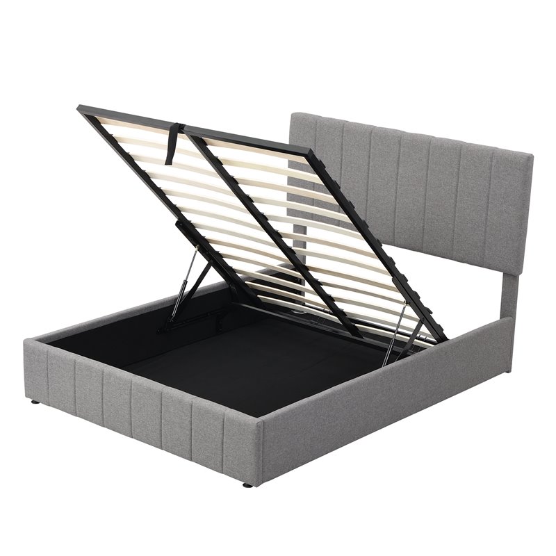 CRO Decor Full Wood Platform Bed with Fabric Upholstery in Gray