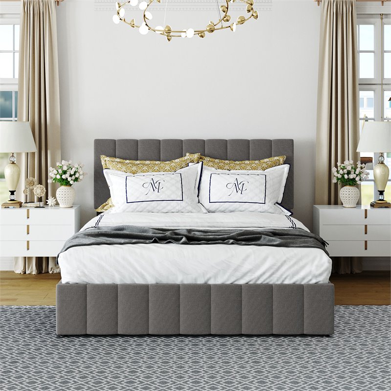 CRO Decor Twin Wood Platform Bed with Fabric Upholstery in Gray