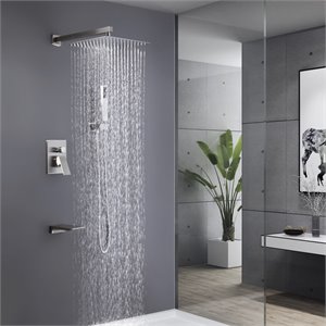 cro decor square rainfall pressurized brass wall shower system in brushed nickel