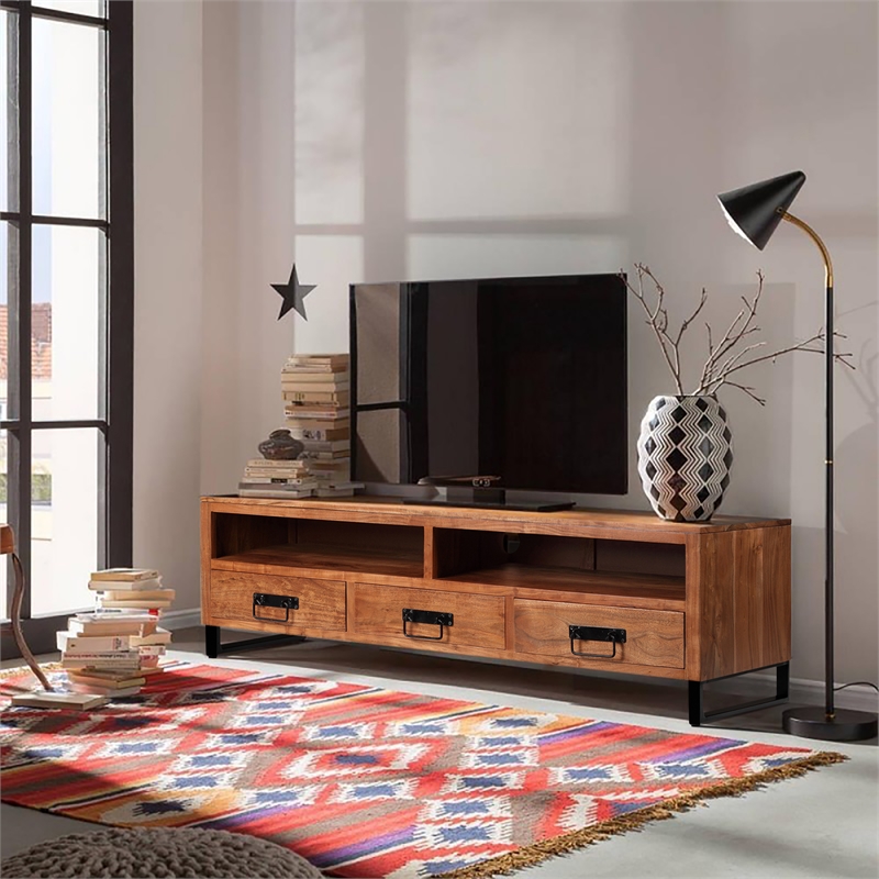 CRO Decor TV Media with 3 Drawers and Open Shelf in Oak Soild