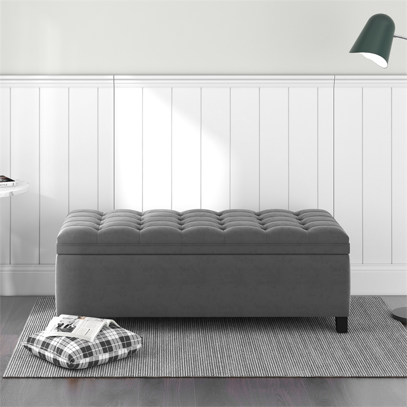 CRO Decor Upholstered Flip Top Storage Bench with Button Tufted Top-Gray